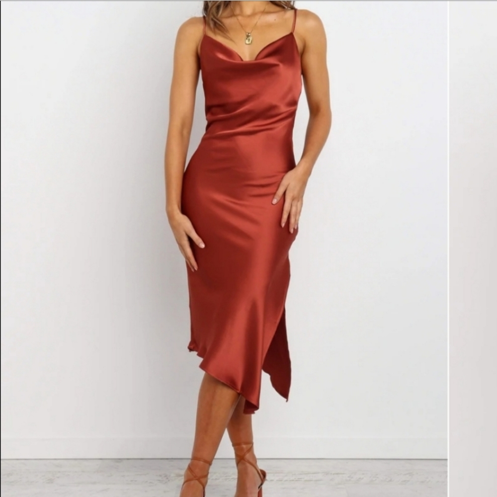 Petal & Pup Rust Cypress Draped Cowl Silky Satin Side Slit Midi Slip Dress Sz 4